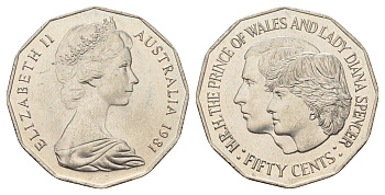 Австралия 50 центов 1981 Свадьба Принца Чарльза и Леди Дианы KM 72 медно-никель UNC 4672-241