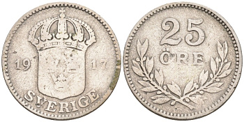 Швеция 25 эре 1917 W, Густав V (1907-1950) KM 785 серебро 4380-114