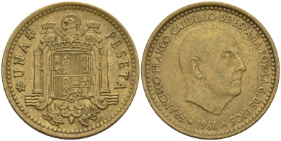 Испания 1 песета 1966 (70) Франсиско Франко (1939-1975) KM 796 алюминиевая бронза 4604-117