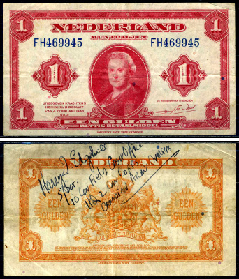 Нидерланды 1 гульден 1943 4 февраля 1943, Вильгельмина I (1890-1948) Pick 64, Akkermans 5.1 бумага 444-64-2-1