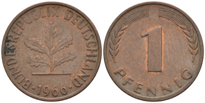 ФРГ 1 пфенниг 1966 J KM 105, J. 380 сталь плакированная медью    4115-118