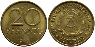 ГДР 20 пфеннигов 1969 А, первый год KM 11 латунь UNC 4398-1154
