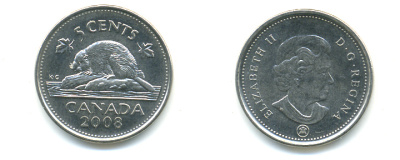 Канада 5 центов 2008 Елизавета II (1952-2022), бобер KM 491 сталь плакированная никелем 177-1267