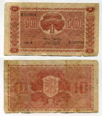 Финляндия 10 марок 1945 буква "А" Pick 77 a(16) бумага 450-54-1