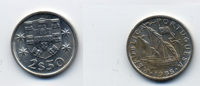 ПОРТУГАЛИЯ 2,5 ЭСКУДО 1985 ПАРУСНИК KM 590 медно-никель 29-545