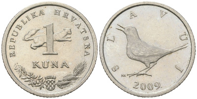 Хорватия 1 куна 2009 западный соловей, легенда на хорватском KM 9.1 медь цинк никель aUNC 4448-941