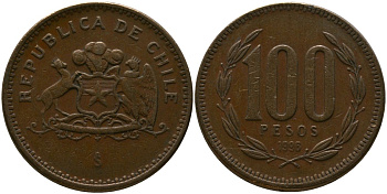 Чили 100 песо 1996 So KM 226.2, Schon 71 алюминиевая бронза 4544-1237