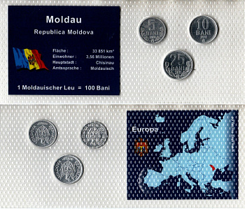 Молдавия (Молдова) набор из 3 монет (5, 10 и 25 бань (бани) 2006 и 2011 в красочной упаковке с информацией о стране KM 2, 3 и 7 алюминий UNC 2-6-3-87