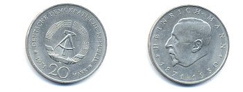 ГДР 20 марок 1971 А, 100 лет со дня рождения Генриха Манна (1871-1950) KM 33, J. 1531 медно-никель 54-2536