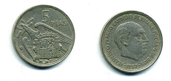 ИСПАНИЯ 5 ПЕСЕТ 1957 (66) ФРАНСИСКО ФРАНКО ДИКТАТОР ИСПАНИИ (1939-1975) KM 786 медно-никель 53-1137