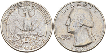 США 25 ЦЕНТОВ = КВОТЕР 1981 P, ВАШИНГТОН KM 164a медь плакированная медно-никелем 190-334