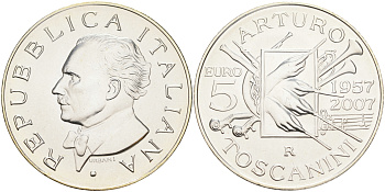 Италия 5 евро 2007 дирижер Артуро Тосканини, в оригинальной коробке, с сертификатом KM 324 серебро UNC 1-4-4-08