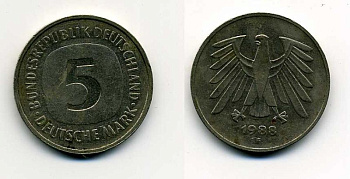 ФРГ 5 МАРОК 1988 F, KM 140.1, J. 415 медно-никель плакированный никелем 37-931