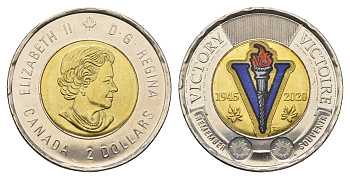 Канада 2 доллара 2020 75 лет победе во Второй Мировой войне, Цветное покрытие KM 2924.1 биметалл UNC 108-1026