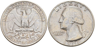 США 25 центов (квотер) 1981 P, Джордж Вашингтон KM 164a медь плакированная медно-никелем 190-334