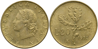 Италия 20 лир 1972 R, дубовая ветвь KM 97.2 алюминиевая бронза 4171-912