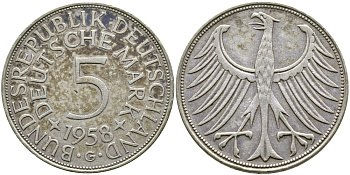 ФРГ 5 марок 1958 G, KM 112.1, J. 387 серебро 58-832