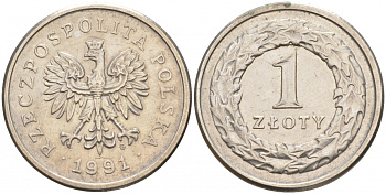 ПОЛЬША 1 ЗЛОТЫЙ 1991 MW KM 282 медно-никель 68-444
