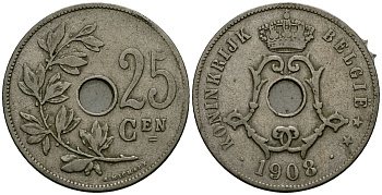 Бельгия 25 сантимов 1908 Belgie KM 63 медно-никель 4165-634