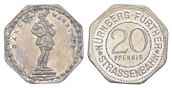 Нюрнберг трамвайный (транспортный) жетон в 20 пфеннигов ND (1920-1921) Фонтан Гусман (фермер с 2 гусями) Men05 19256.13, Men18 24102.13 алюминий UNC 4638-251
