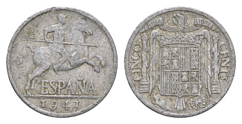 Испания 5 сентимо 1941 рыцарь на коне, Франсиско Франко (1939-1975) KM 765 алюминий 4623-628