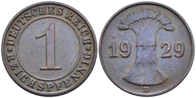 ГЕРМАНИЯ 1 РЕЙХСПФЕННИГ 1929 D KM 37, J. 313, Weege 2 бронза 4547-139