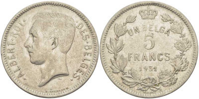 БЕЛЬГИЯ 5 ФРАНКОВ 1931 АЛЬБЕРТ I, DES BELGES KM 97.1 никель 3851-213