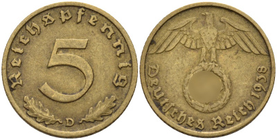 Германия 5 рейхспфеннигов 1938 D KM 91, J. 363 алюминиевая бронза 4151-842