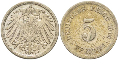 ГЕРМАНИЯ 5 ПФЕННИГОВ 1914 A KM 11, J. 12, Weege 6 медно-никель 206-1021