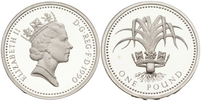 Великобритания 1 фунт 1990 Елизавета II (1952-2022), в оригинальной коробке, с сертификатом KM 941, Spink 4331 серебро  PROOF  6-5-3-04