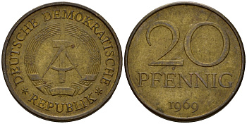 ГДР 20 пфеннигов 1969 A, первый год KM 11 латунь 4601-523