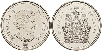 Канада 50 центов 2007 Елизавета II (1952-2022), герб KM 494 никелированная сталь UNC M32-04