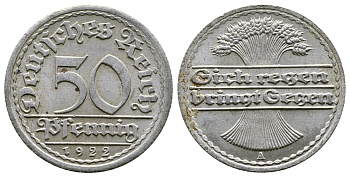 ГЕРМАНИЯ 50 ПФЕННИГОВ 1922 A KM 27, J. 301, Weege 10 алюминий 4380-856