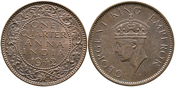 Британская Индия 1/4 анна 1942 Георг VI (1937-1952) KM 531 бронза aUNC 89-124