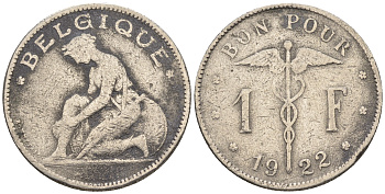 Бельгия 1 франк 1922 Belgique, Альберт I (1910-1934) KM 89 никель 85-623