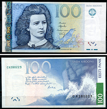 Эстония 100 крон 1999 Лидия Койдула, волны и скалы Pick 82 a  бумага  UNC (пресс) 8611-17-1-1