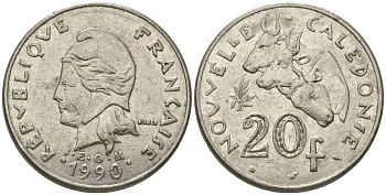Французская Новая Каледония 20 франков 1990 три быка, (IEOM) KM 12, Schoen 14, Lec 113 никель 72-245