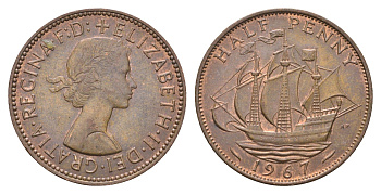 Великобритания 1/2 пенни 1967 Елизавета II (1952-2022) KM 896, Spink 4158 бронза 4663-125