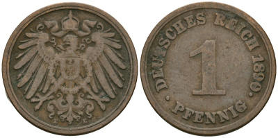 Германия 1 пфенниг 1890 E, Вильгельм II (1888-1918) KM 10, J. 10 медь 4608-154