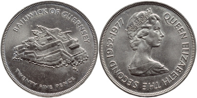 Гернси 25 пенсов 1977 25 лет правления Елизаветы II, крепость KM 31 медно-никель UNC 74-615