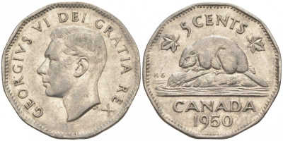 Канада 5 центов 1950 бобр, Георг VI (1937-1952) KM 42 никель 73-1336