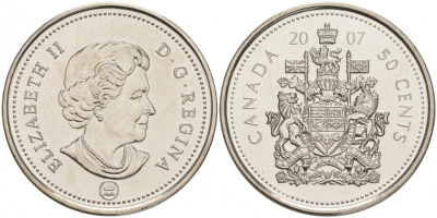 Канада 50 центов 2007 Елизавета II (1952-2022), герб KM 494 никелированная сталь UNC M32-04
