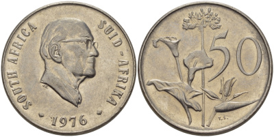 ЮАР 50 центов 1976 Якобус Йоханнес Фуше, Зантедеския (калла) KM 96 никель 32-1123