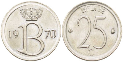 Бельгия 25 сантимов 1970 Belgie, Бодуэн I (1951-1993) KM 154.1 медно-никель 201-1256