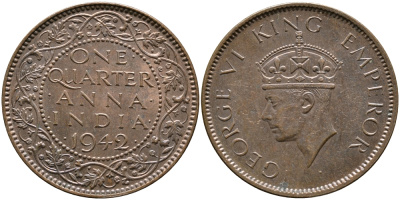 Британская Индия 1/4 анна 1942 Георг VI (1937-1952) KM 531 бронза aUNC 89-124