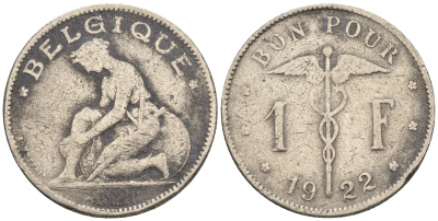 Бельгия 1 франк 1922 Belgique, Альберт I (1910-1934) KM 89 никель 85-623