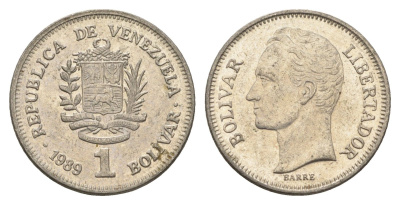 Венесуэла 1 боливар 1989 Симон Боливар, тонкий шрифт Y 52a.1 сталь плакированная никелем 4662-835