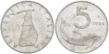 ИТАЛИЯ 5 ЛИР 1954 R, РУЛЬ, ДЕЛЬФИН KM 92 алюминий 65-716