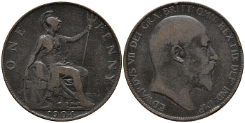 Великобритания 1 пенни 1904 Эдуард VII (1901-1910) KM 794.2, Spink 3990 бронза 32-831