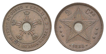 Бельгийское Конго 2 сантима 1888 Свободное государство Конго, Леопольд II (1865-1909) KM 2 медь 4127-431